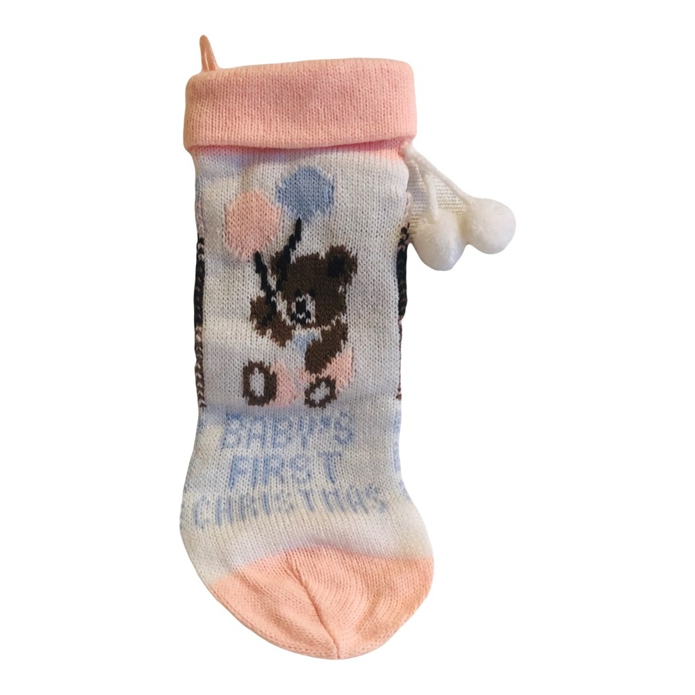 NWOT Baby’s First Christmas Knit Pink Blue and White Stocking with White Pompoms